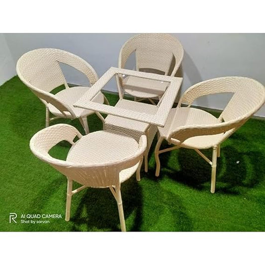 Craft Furniture D-12 Chairs Table Set 4+1 Wicker Patio Furniture Sets 4 Chair and 1 Table for Garden Balcony Bedroom Powder Coated Frame Uv Protected Wicker 4 Chair 1 Table Set (OFFWHITE)