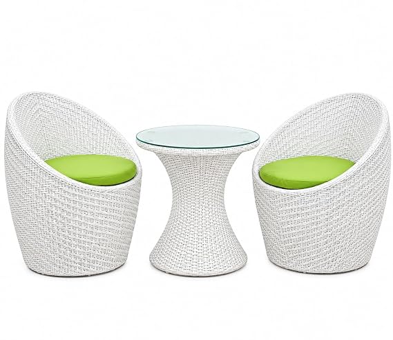 Nest Outdoor Wicker Furniture Set | 2 Chairs with 1 Table | Garden | Balcony | Terrace | Patio | Coffee Area | White Green