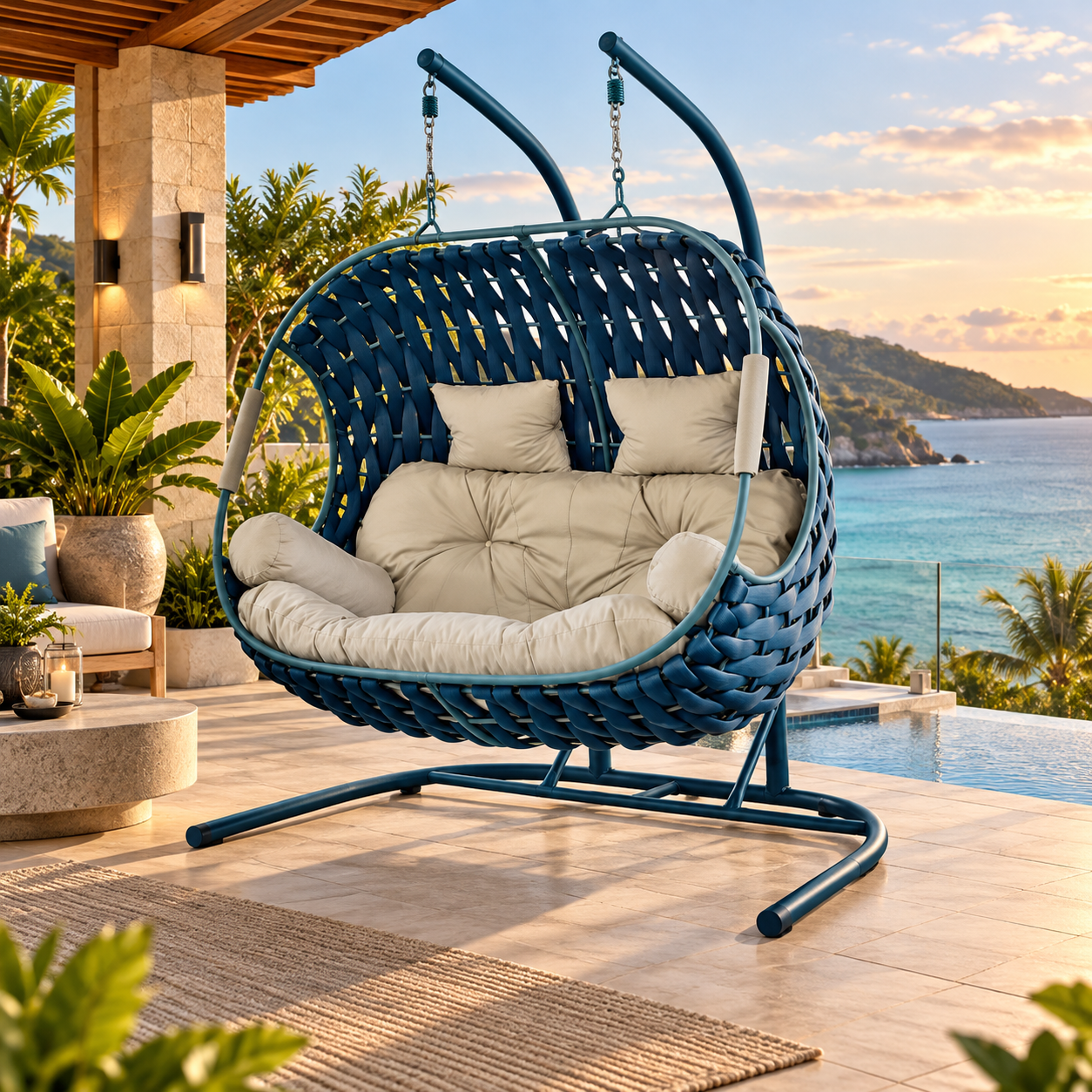 Double Seater Swing with Stand and Cushion for Outdoor Patio Balcony Garden Terrace Porch Living Room Chair, Powder Coated Luxury Furniture (Dark Brown, XXL)