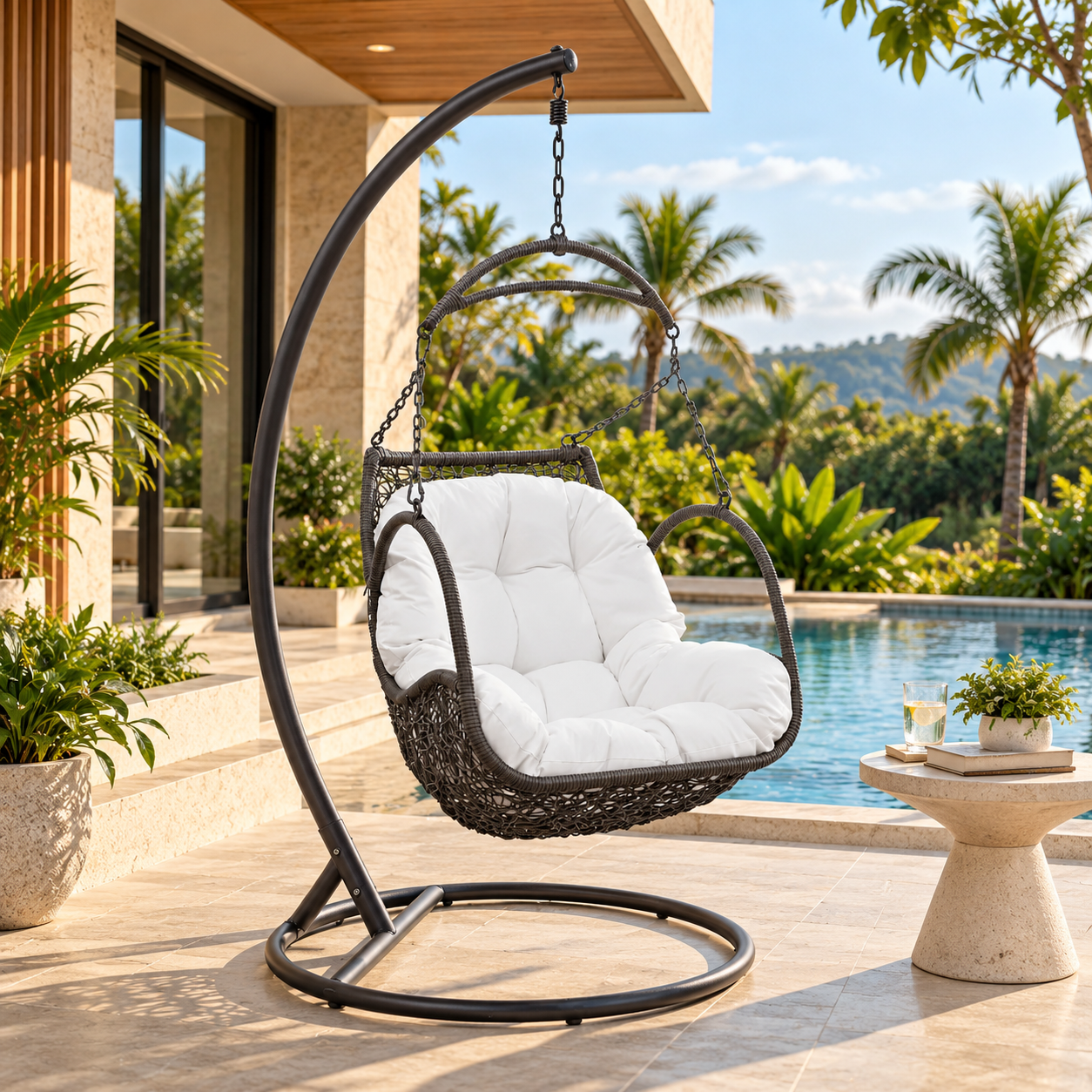 Outdoor Rattan Wicker Hanging Swing Chair with Cushion