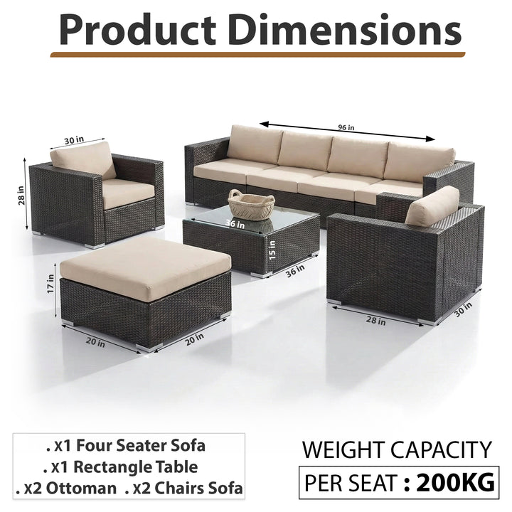 Outdoor Garden Balcony Sofa Set 4 Seater, 2 Single Seater with 2 ottoman and 1 Center Table Set (Brown)