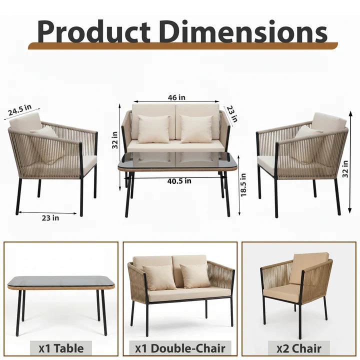 Outdoor Garden Balcony Sofa Set 2 Seater , 2 Single Seater 1 Center Table Set Braided and Rope