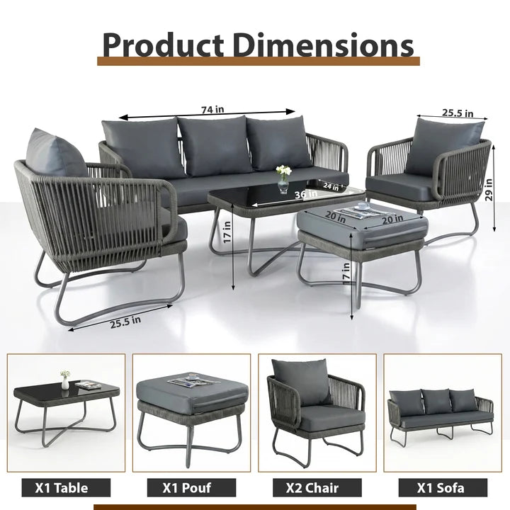 Outdoor Garden Balcony Sofa Set 3 Seater, 2 Single Seater 1 Ottoman and 1 Center Table Set Braid & Rope (Grey)