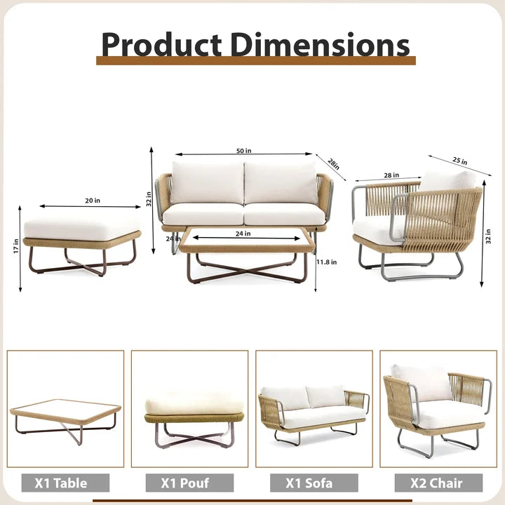 Outdoor Sofa Set 2 Seater, 2 Single seater and 1 Center Table with ottoman (Beige) Braided & Rope