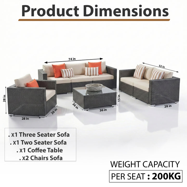 Outdoor Garden Balcony Sofa Set 3 Seater, 2 Seater With 2 Single Seater and 1 Center Table With 1 Side Table Set (Brown)
