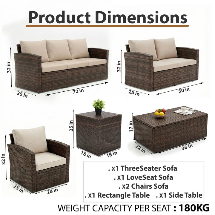 Outdoor Garden Balcony Sofa Set 3 Seater, 2 Seater With 2 Single Seater and 1 Center Table With 1 Side Table Set (Brown)