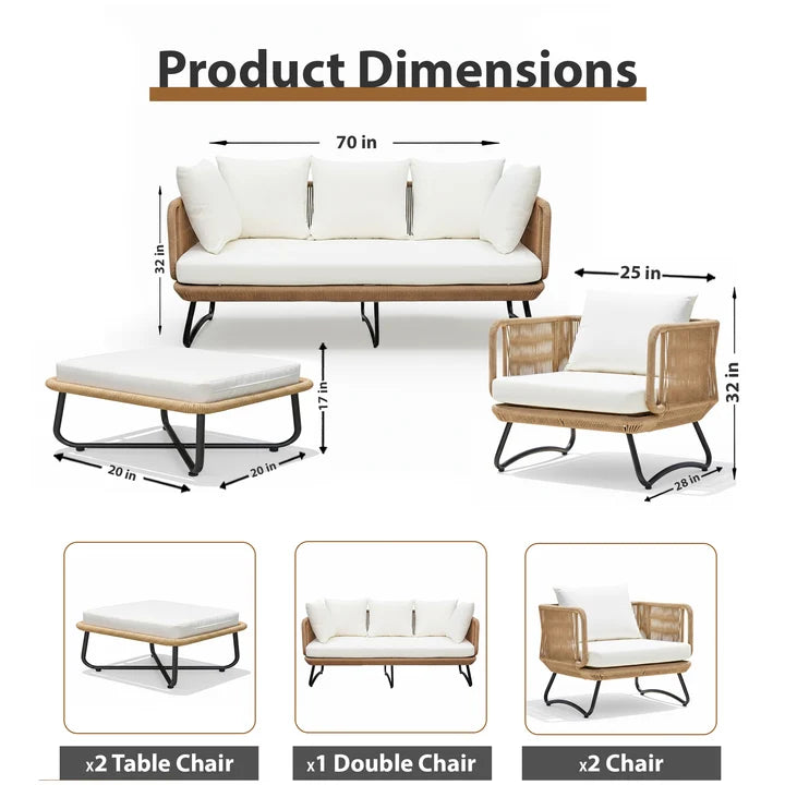 Outdoor Sofa Set 3 Seater, 2 Single seater,2 Ottoman(Beige) Braided and Rope