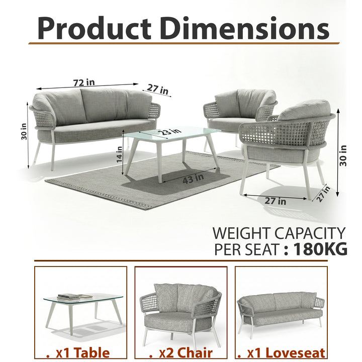 Outdoor Sofa Set 3 Seater , 2 Single seater and 1 Center Table Set (Grey) Braided & Rope