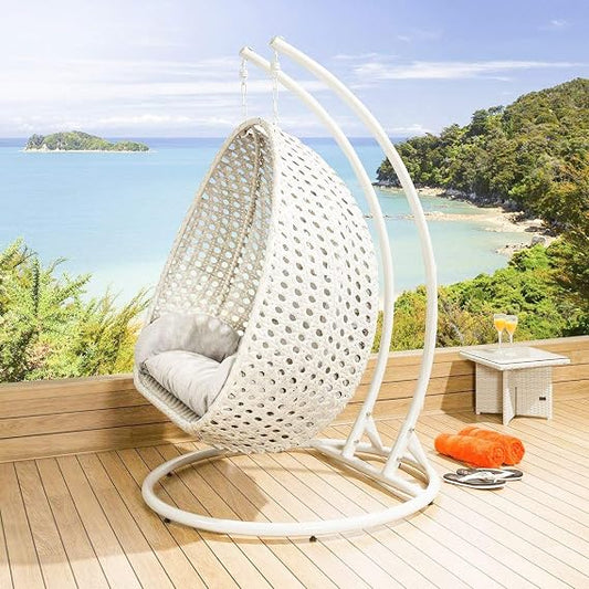 Craft Wicker Wrought Iron 2 Seater Swing Chair with Stand, Soft Cushion & Hook | Double Hanging Hammock Jhula for Adults & Kids | Indoor Outdoor Balcony (White, King Size)