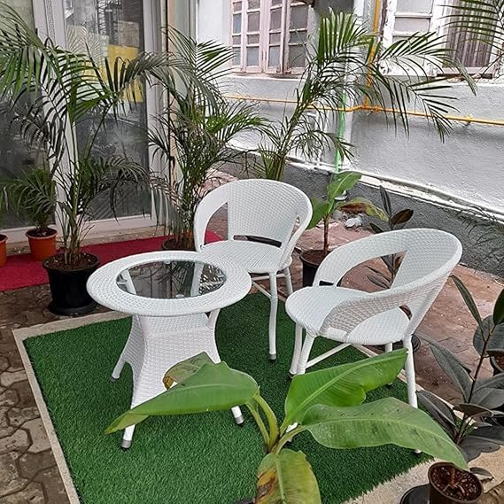 Craft Furniture D-12 Wicker Patio Furniture Sets for Garden Balcony Outdoor Coffee Chair Table Set | Cushion | Powder Coated | UV Protected | Conversation Set |Chairs 2CHAIR 1TABLE Set(White)