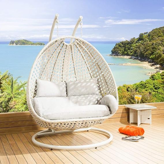 Craft Wicker Wrought Iron 2 Seater Swing Chair with Stand, Soft Cushion & Hook | Double Hanging Hammock Jhula for Adults & Kids | Indoor Outdoor Balcony (White, King Size)