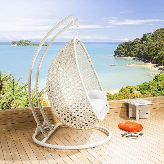 Craft Wicker Wrought Iron 2 Seater Swing Chair with Stand, Soft Cushion & Hook | Double Hanging Hammock Jhula for Adults & Kids | Indoor Outdoor Balcony (White, King Size)