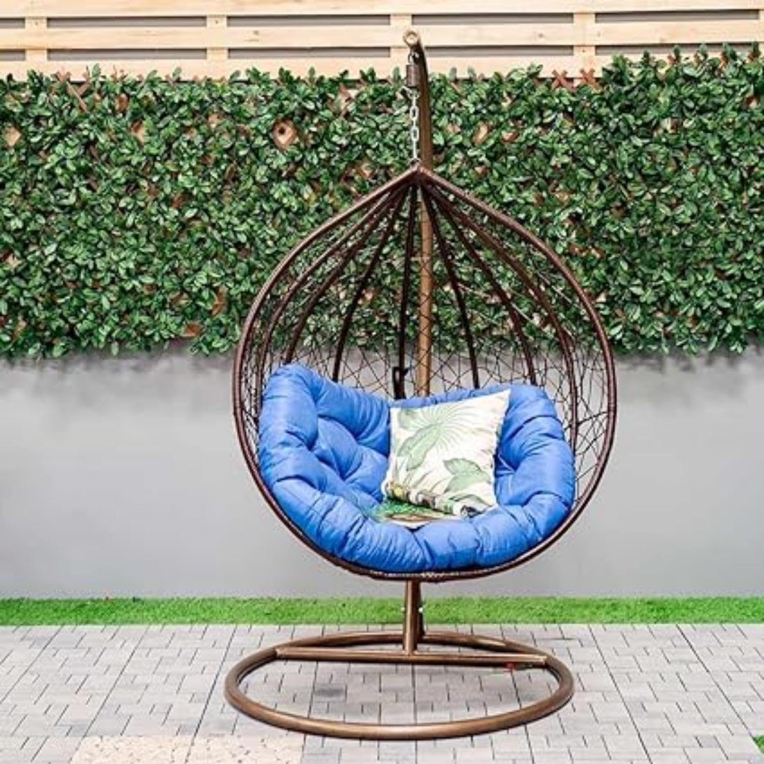 MANWARD Outdoor Protected Swing with Brown Frame & Blue Cushion
