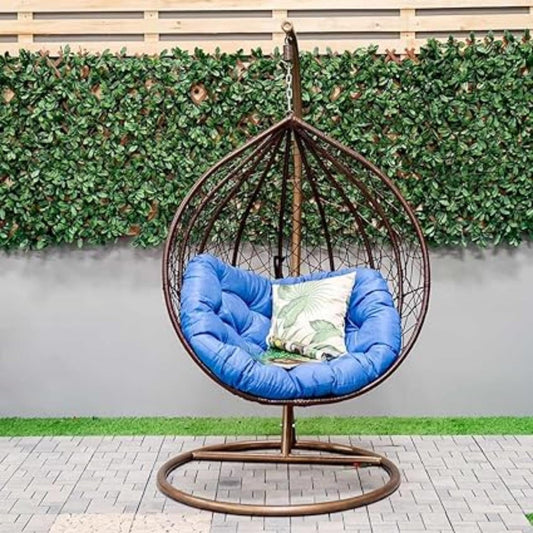 MANWARD Outdoor Protected Swing with Brown Frame & Blue Cushion