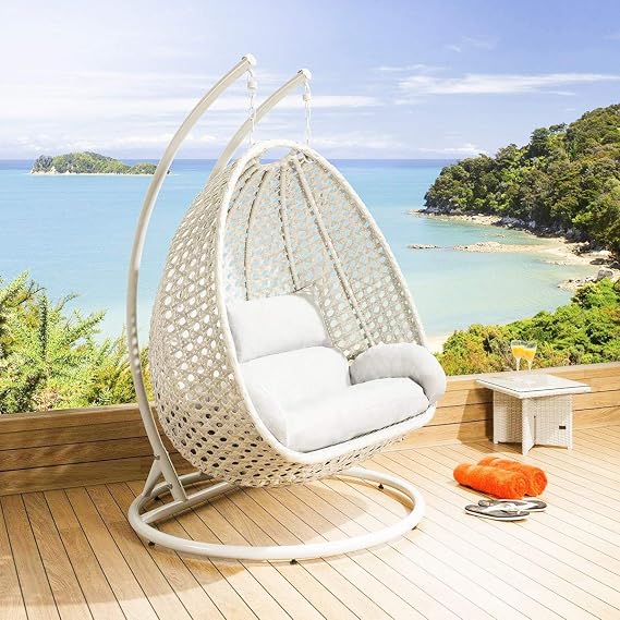 Craft Wicker Wrought Iron 2 Seater Swing Chair with Stand, Soft Cushion & Hook | Double Hanging Hammock Jhula for Adults & Kids | Indoor Outdoor Balcony (White, King Size)