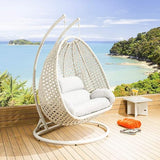 Craft Wicker Wrought Iron 2 Seater Swing Chair with Stand, Soft Cushion & Hook | Double Hanging Hammock Jhula for Adults & Kids | Indoor Outdoor Balcony (White, King Size)