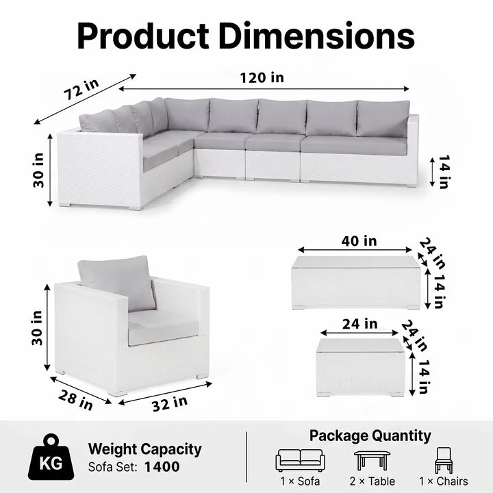 Outdoor Sofa Set 8 Seater , Single Seater and 2 Center Table Set (White)
