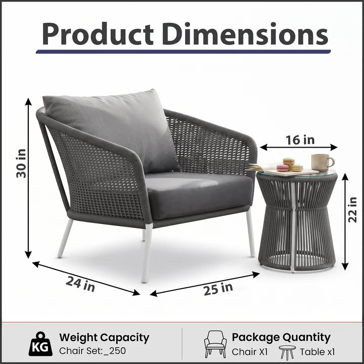 Outdoor Patio Seating Set Single Chair and 1 Side Table Set (Grey) Braided & Rope