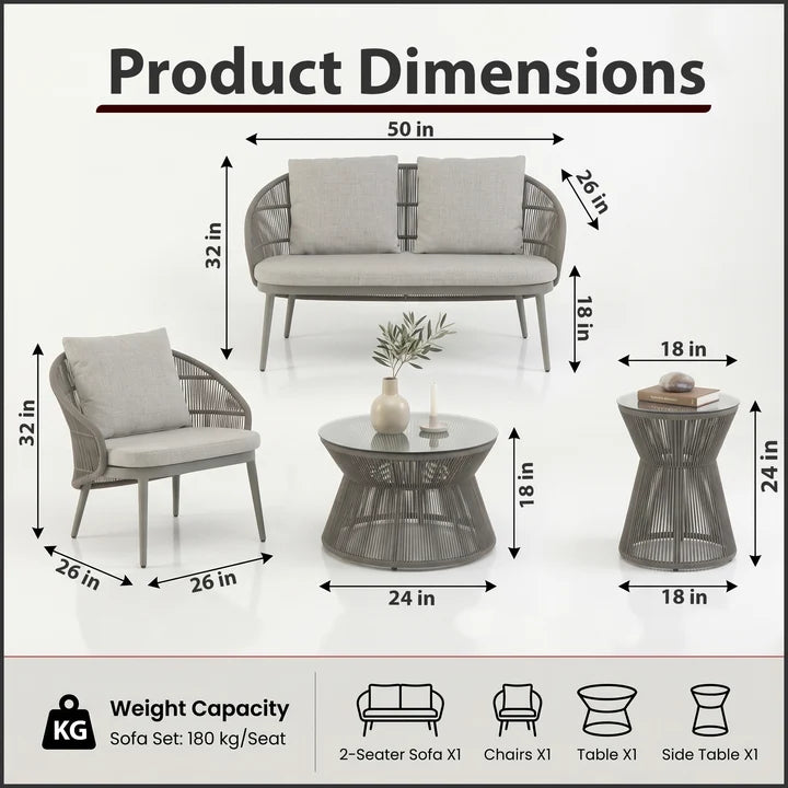 Outdoor Sofa Set 2 Seater, 1 Single Seater, 1 Side Table and 1 Center Table Set (Grey) Braided & Rope