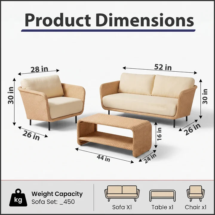 Outdoor Sofa Set 2 Seater, 1 Single seater and 1 Center Table (Light Brown)