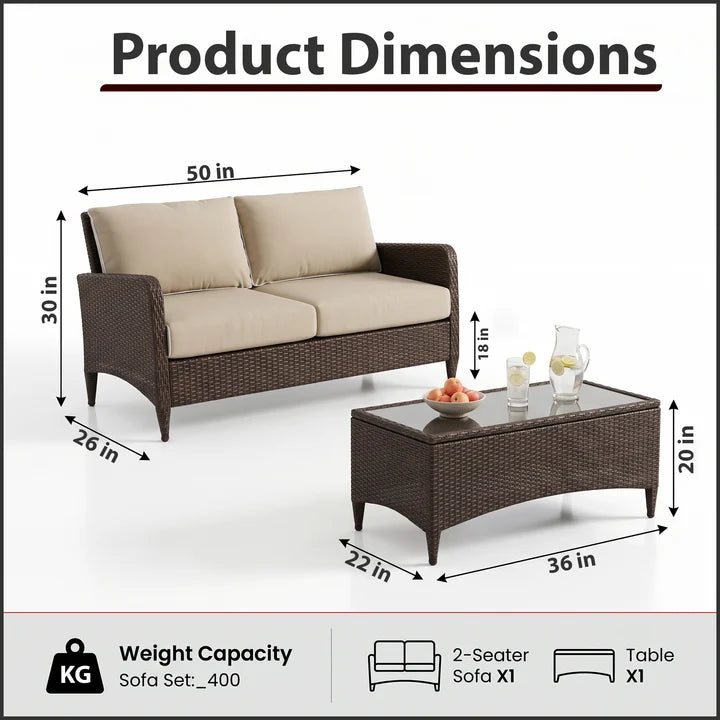 Outdoor 2 Seater Sofa and 1 Center Table (Brown)