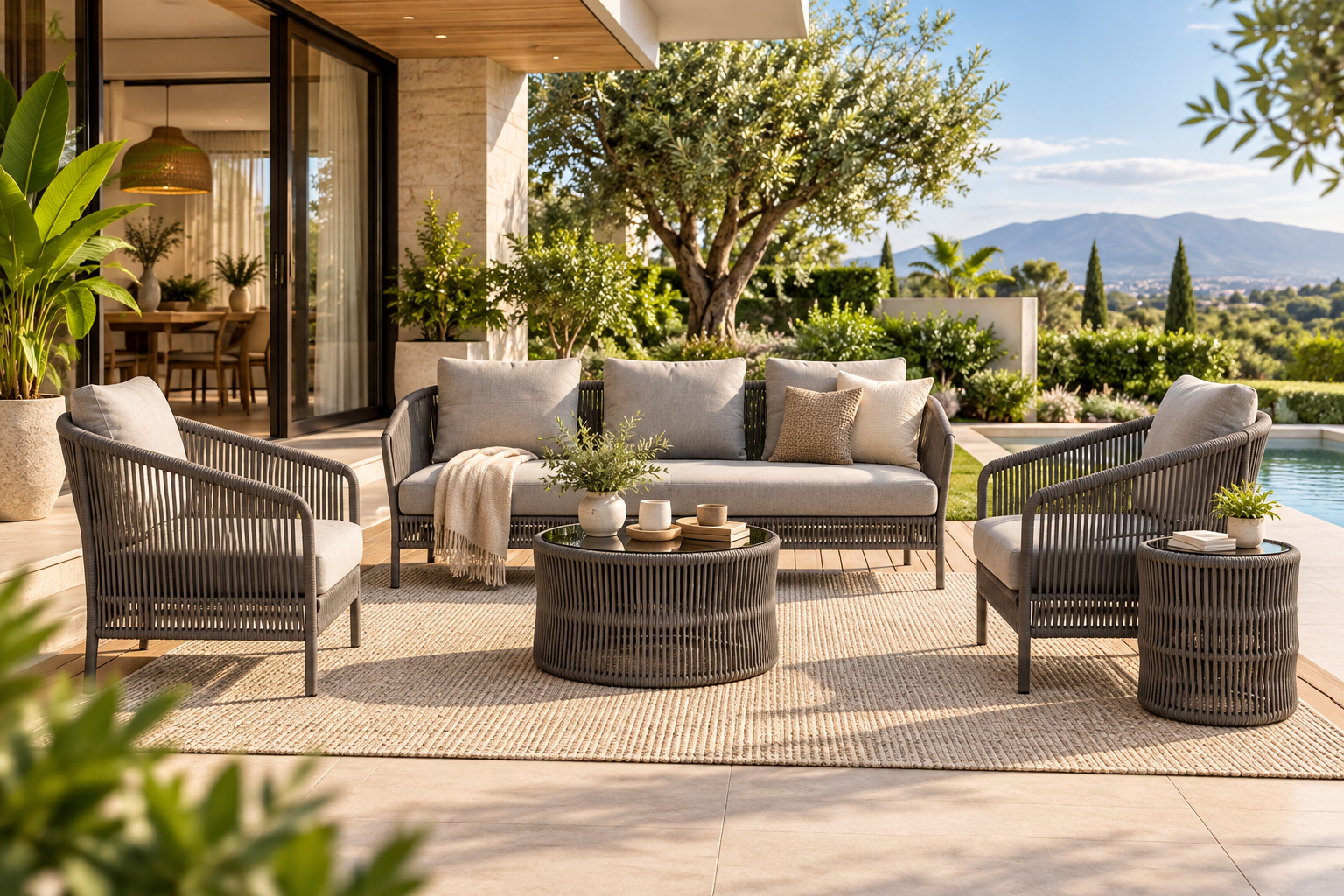 Outdoor Garden Balcony Sofa Set 3 Seater , 2 Single Seater and 1 Center Table & 1 Side Table Set, Braid & Rope (Grey)