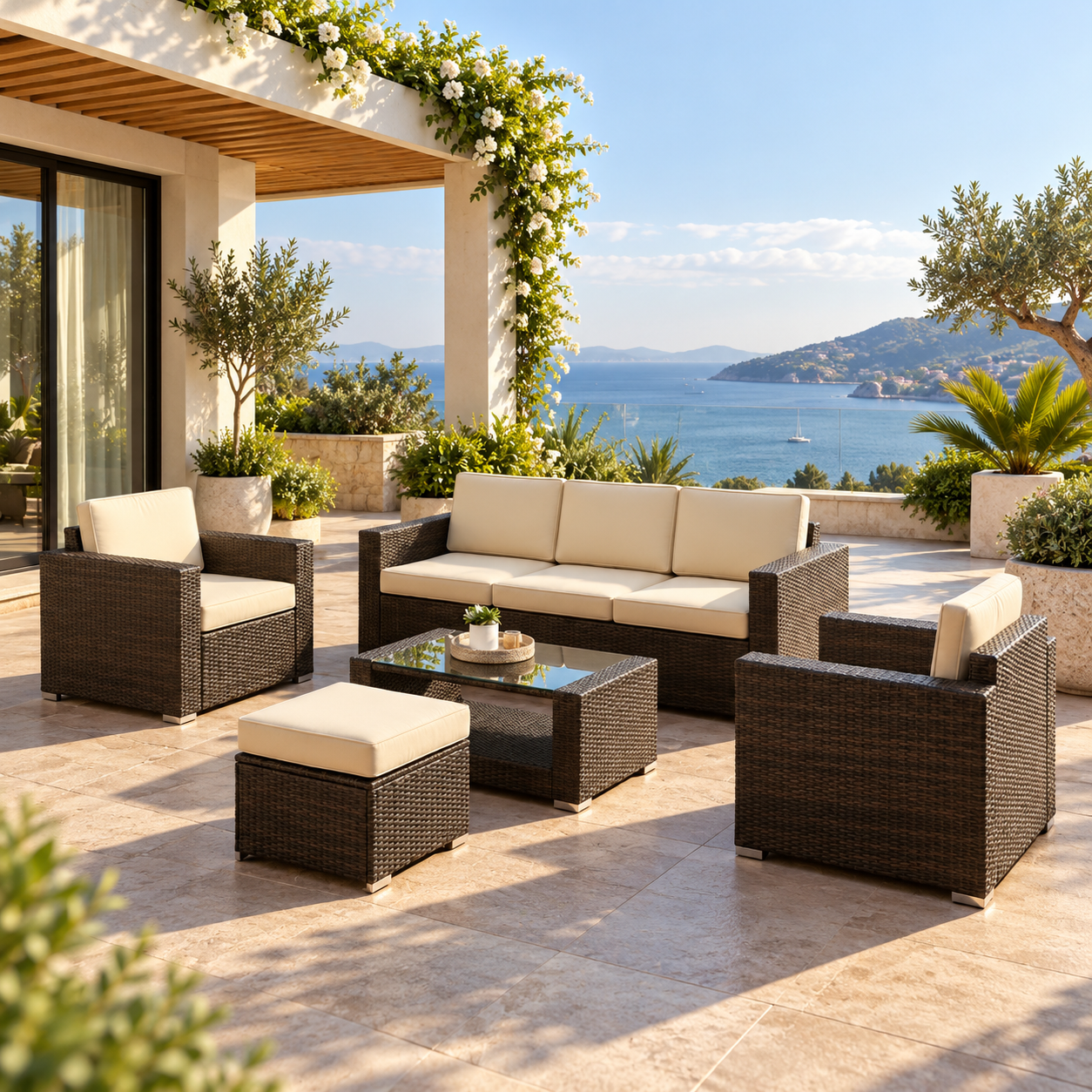 Outdoor Garden Balcony Sofa Set 3 Seater, 2 Single seater With 1 Ottoman and 1 Center Table Set (Brown)