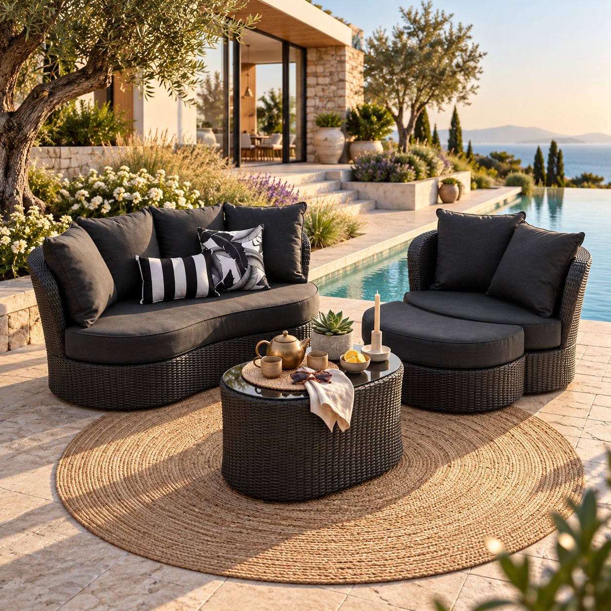 Outdoor Garden Balcony Sofa Set 2 Seater, Single seater and 1 Center Table with Ottoman Set (Black)