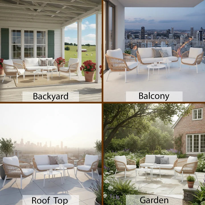 Outdoor Garden Balcony Sofa Set 2 Seater , 2 Single Seater 2 Center Table Set Braided and Rope