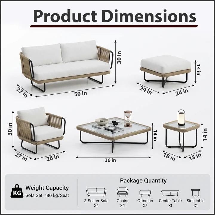 Outdoor Sofa Set 6 Seater , 2 Ottoman and 1 Center Table + 1 side table Set (Tan + Beige) Braided & Rope