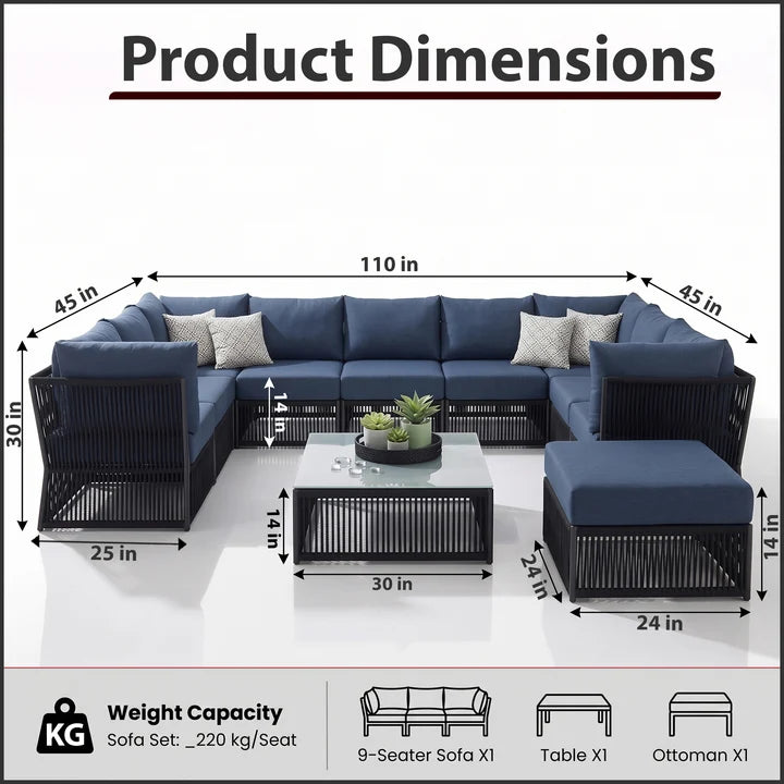 Outdoor Sofa Set 9 Seater, 1 Ottoman and 1 Center Table Set Braided & Rope