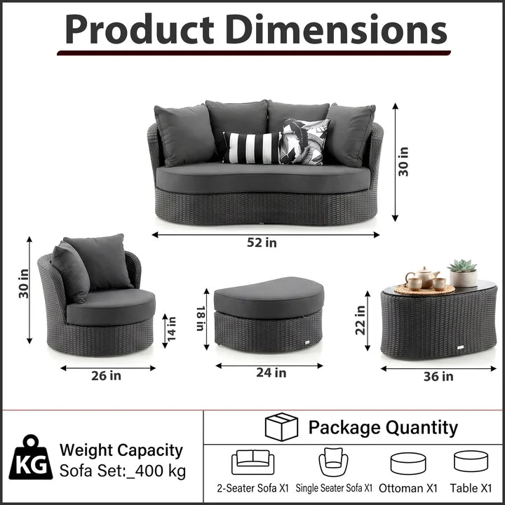 Outdoor Garden Balcony Sofa Set 2 Seater, Single seater and 1 Center Table with Ottoman Set (Black)