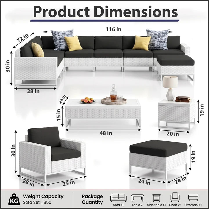 Outdoor Sofa Set 7 Seater, 2 Single seater and 1 Center Table, 1 Side Table With 2 Ottoman Set (White)