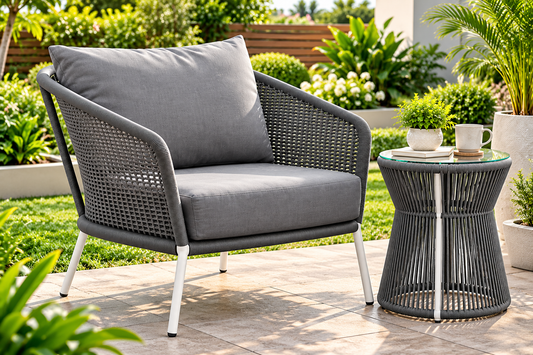 Outdoor Patio Seating Set Single Chair and 1 Side Table Set (Grey) Braided & Rope