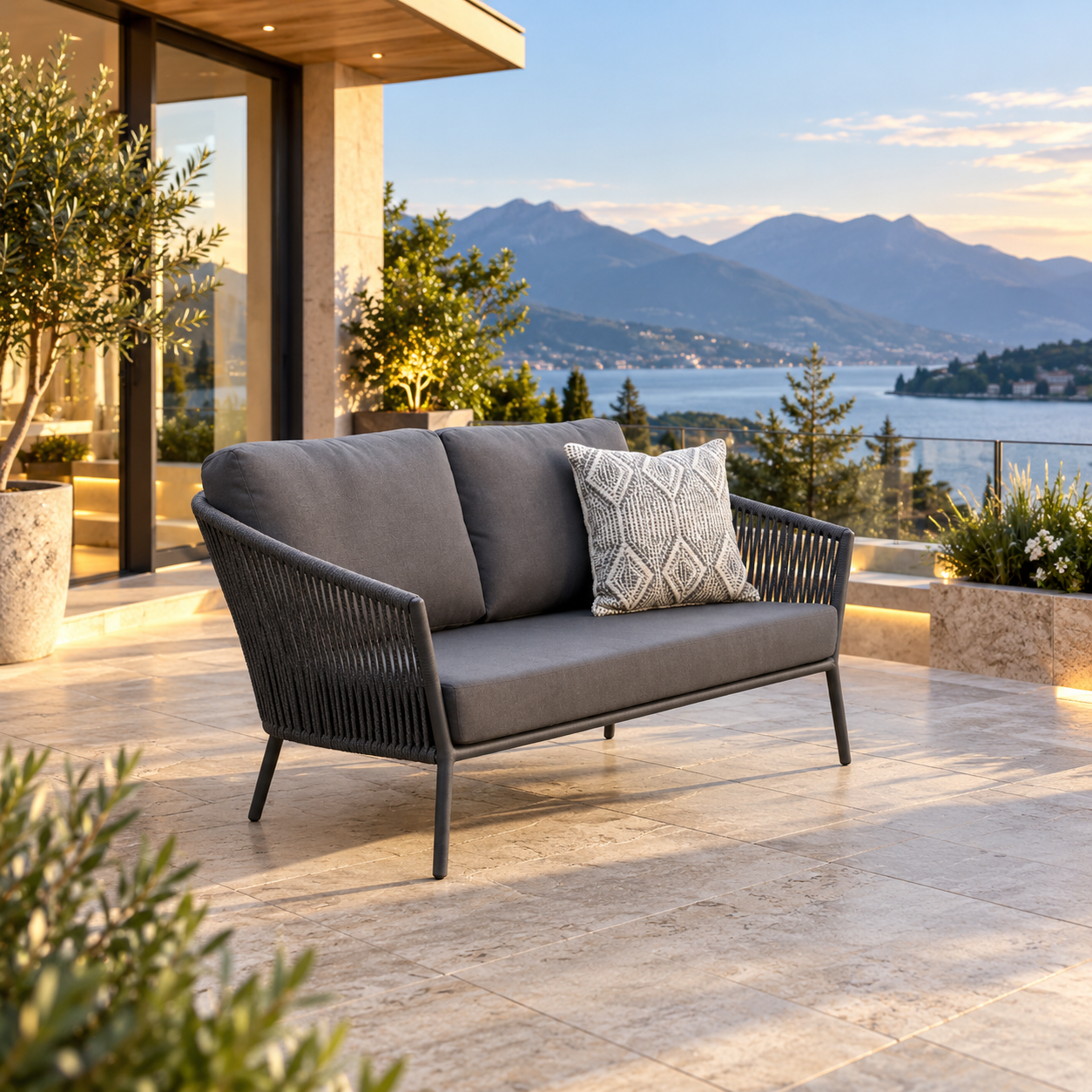 Outdoor Sofa 2 Seater (Dark Grey) Braided & Rope