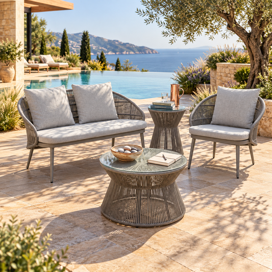 Outdoor Sofa Set 2 Seater, 1 Single Seater, 1 Side Table and 1 Center Table Set (Grey) Braided & Rope