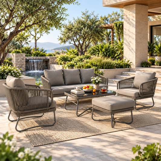 Outdoor Garden Balcony Sofa Set 3 Seater, 2 Single Seater 1 Ottoman and 1 Center Table Set Braid & Rope (Grey)