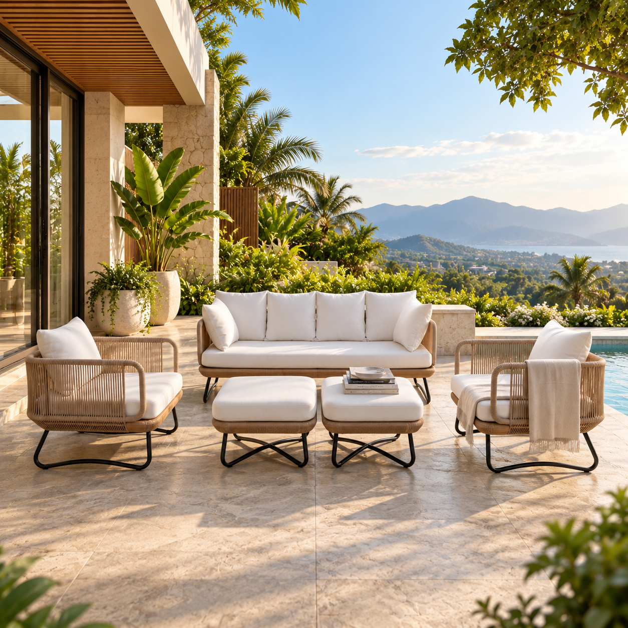 Outdoor Sofa Set 3 Seater, 2 Single seater,2 Ottoman(Beige) Braided and Rope