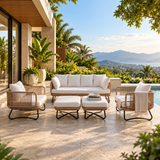 Outdoor Sofa Set 3 Seater, 2 Single seater,2 Ottoman(Beige) Braided and Rope