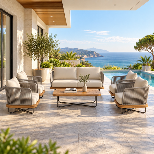 Outdoor Garden Balcony Sofa Set 2 Seater,4 Single Seater With 1 Table Set, Braid & Rope (Grey)