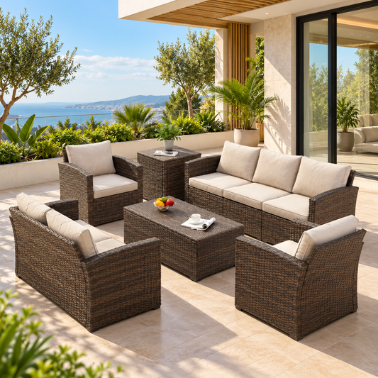 Outdoor Garden Balcony Sofa Set 3 Seater, 2 Seater With 2 Single Seater and 1 Center Table With 1 Side Table Set (Brown)