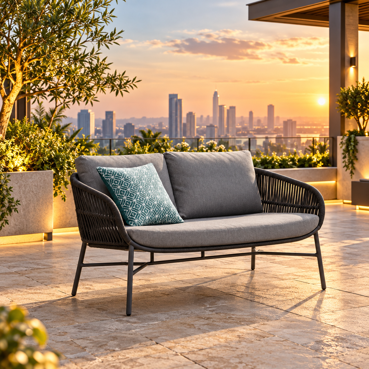 Outdoor Sofa Set 2 Seater (Grey) Braided & Rope