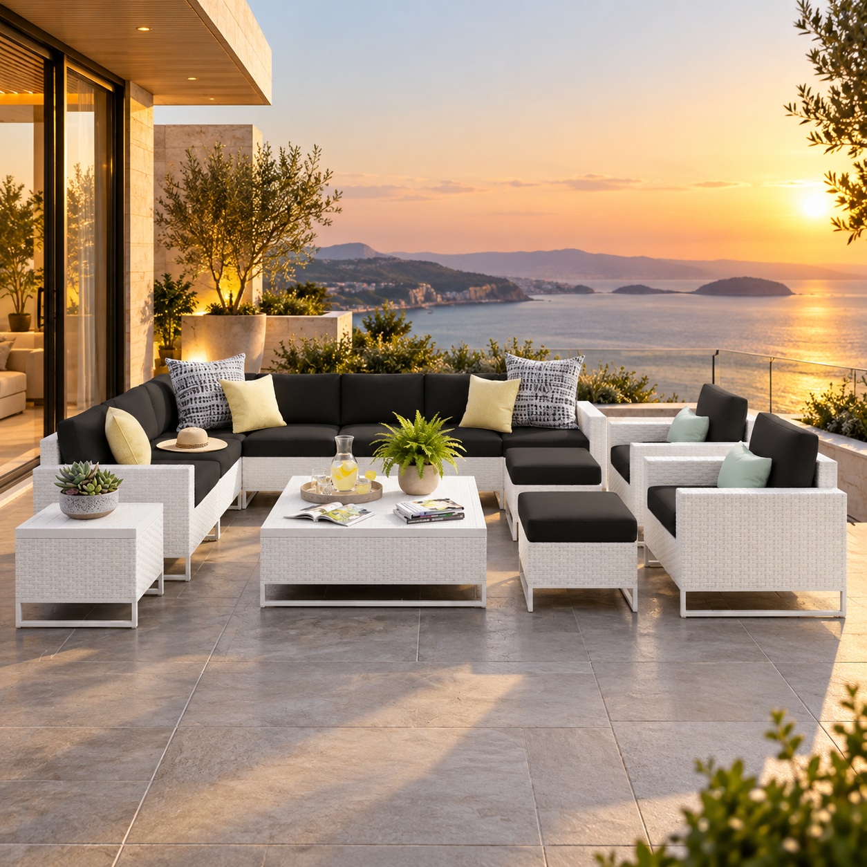 Outdoor Sofa Set 7 Seater, 2 Single seater and 1 Center Table, 1 Side Table With 2 Ottoman Set (White)