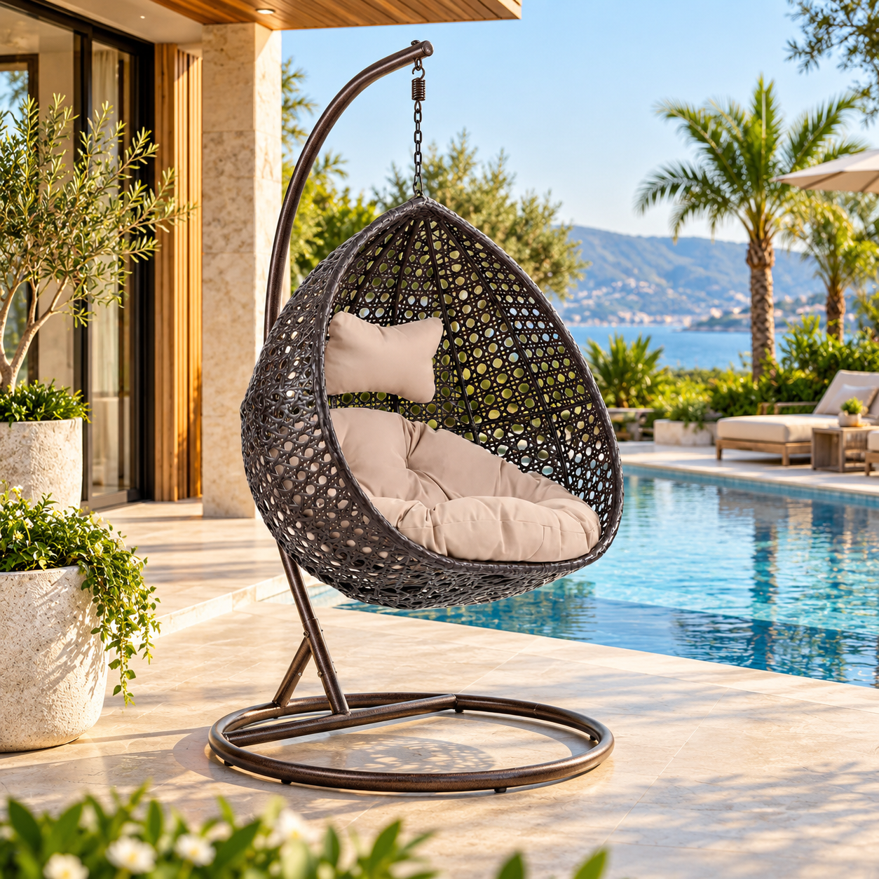 Single Seater Rattan & Wicker Swing (Dark Brown and Cream)