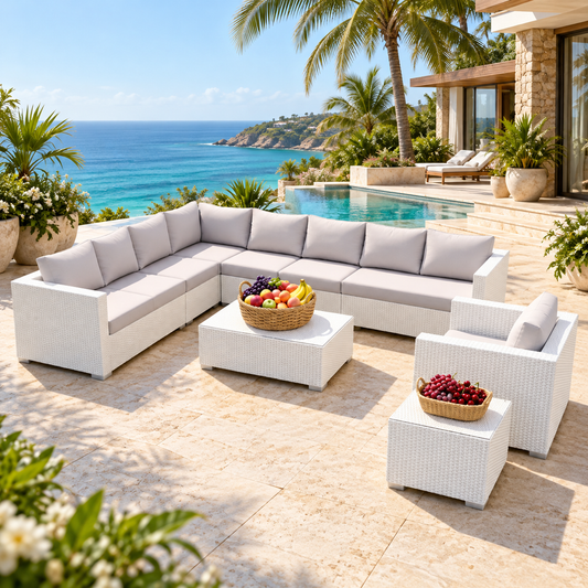 Outdoor Sofa Set 8 Seater , Single Seater and 2 Center Table Set (White)