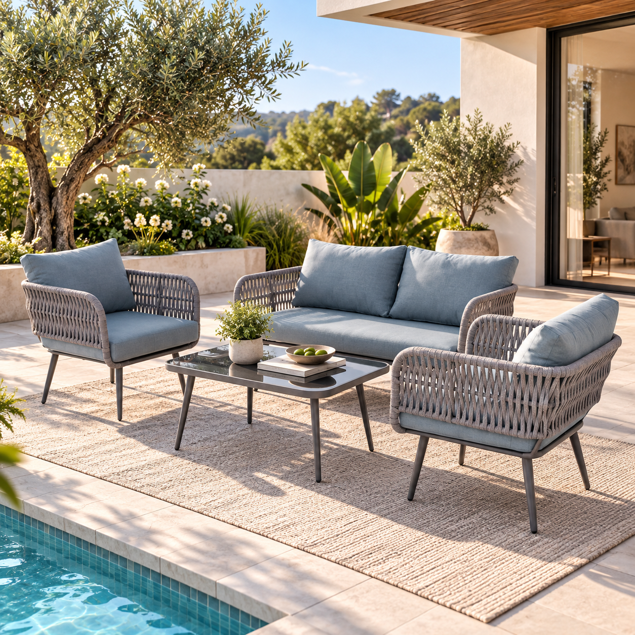 Outdoor Garden Balcony Sofa Set 2 Seater , 2 Single Seater 1 Center Table Set (Grey) Braided and Rope
